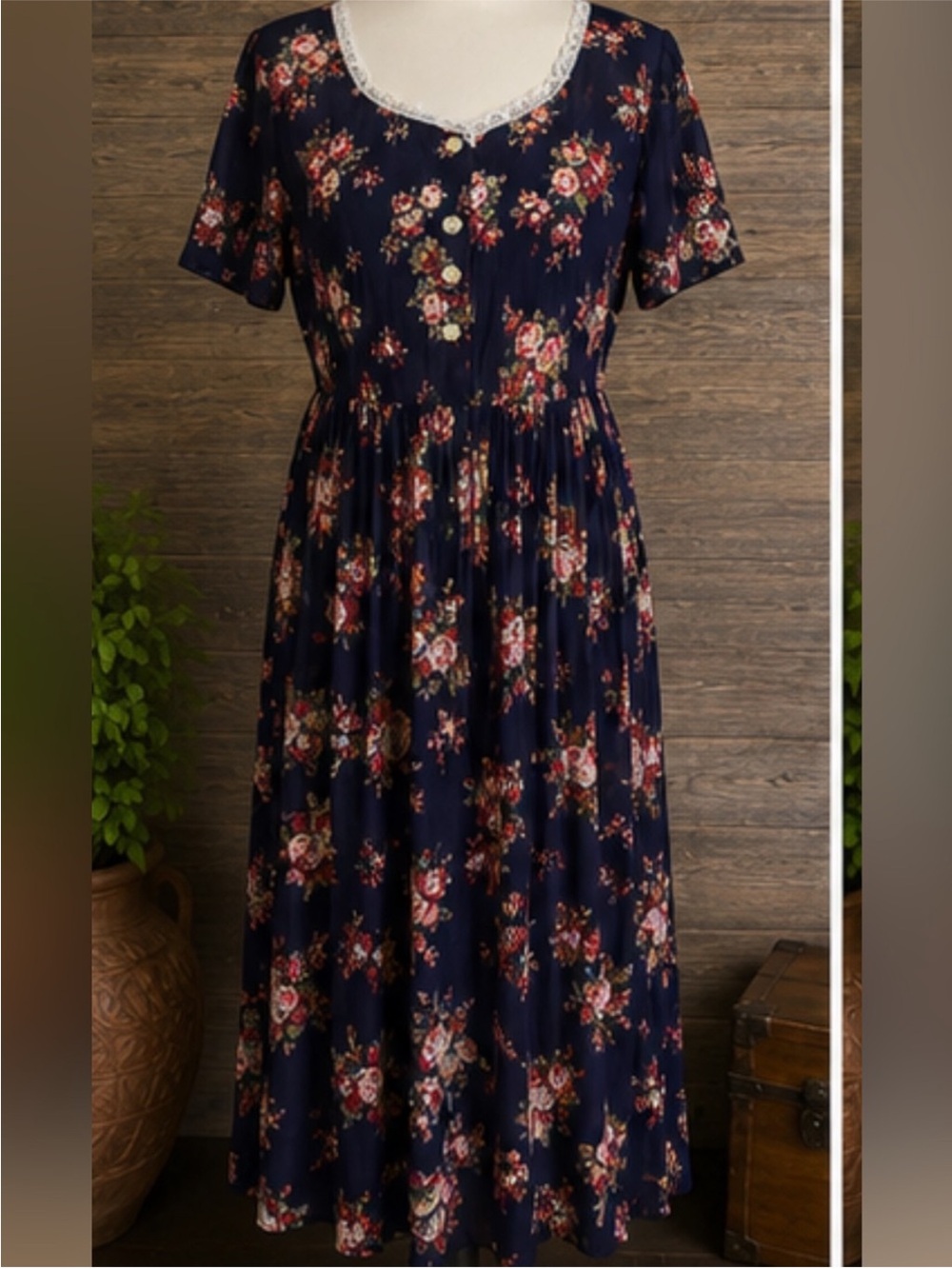 Vintage 90s Bonjour Navy Floral Midi Dress Lace Trim Soft Grunge M